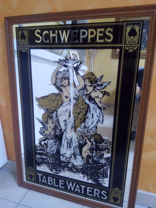 Large and old Schweppes advertising mirror, 88 x 50 cm