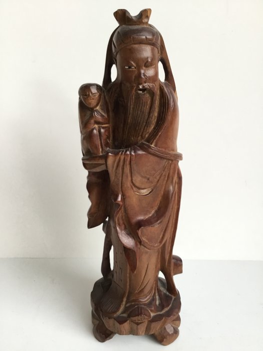 Beautiful wooden chinese sculpture - wise man with monkey - Wood - China - Second half 20th century