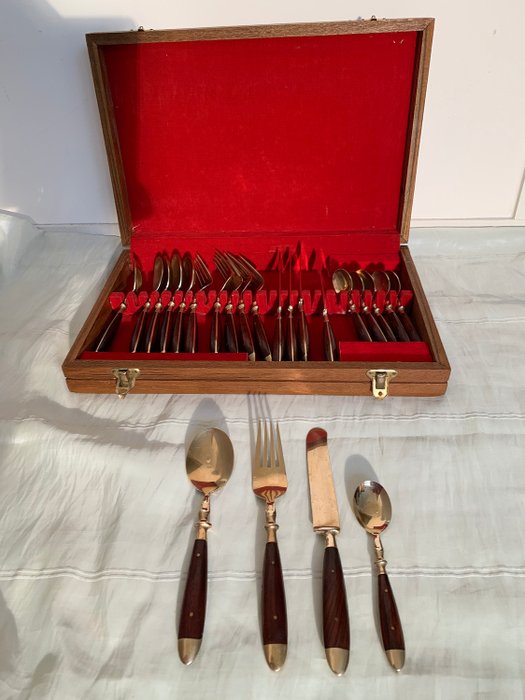 Antique cutlery box, with antique gold-plated cutlery - wood, felt, bronze, metal