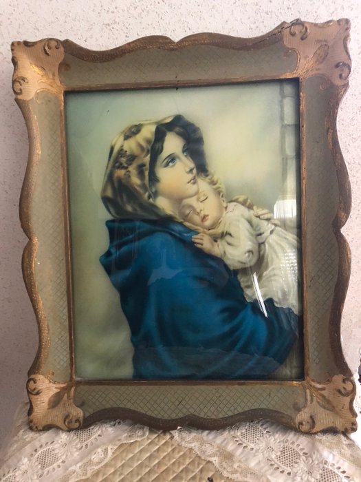 quadro raffigurante la Madonna con bambino dipinta su vetro (1) - Legno, Vetro (vetro colorato)
