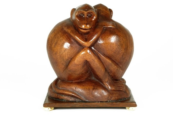 Artis - Amsterdamse School - 两只猴子木雕塑 - 荷兰 - 加州1925年