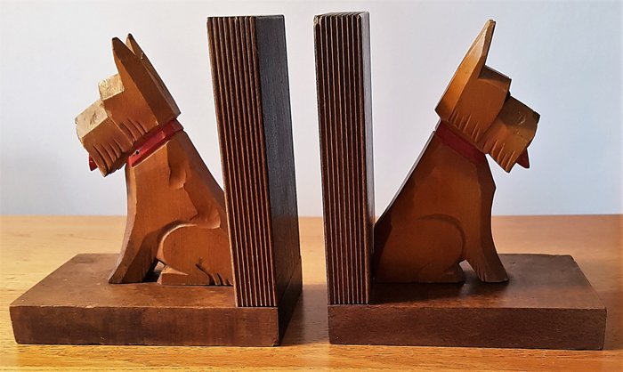 Handgefertigte Buchstützen aus Holz im Art Deco Stil mit zwei Scottie Dogs - Holz