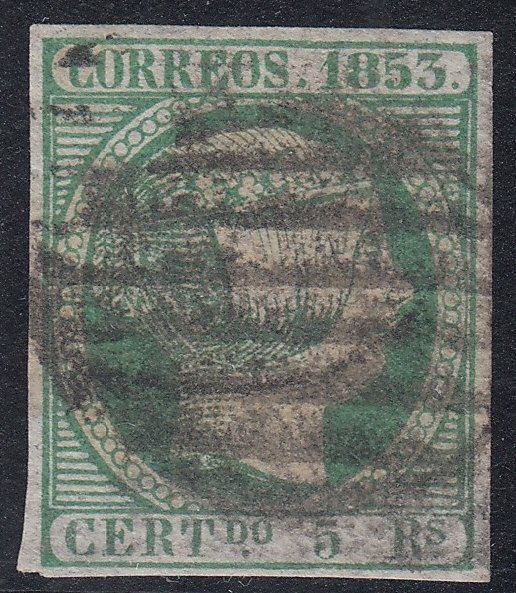 Spanien 1853 - Isabella II. 5 reales green. Black grill. - Edifil 20