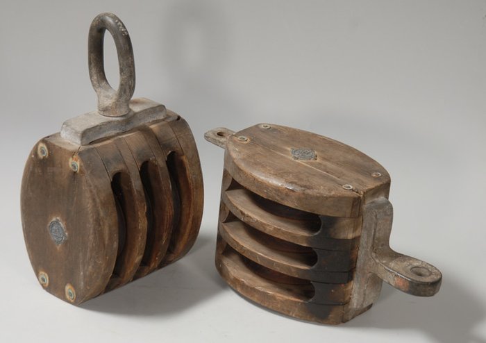 Antique Wooden Ship Blocks or Pulleys (2) - Wood with metal - Second half 20th century