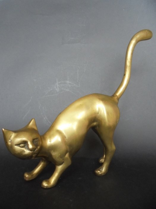 Vintage Tall Brass Cat Sculpture - Yi - Macska (1) - Sárgaréz
