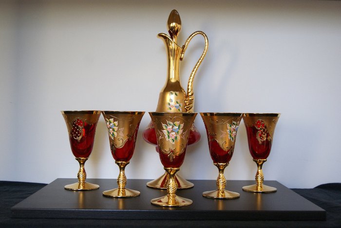 Murano - Tre Fuochi - Servizio impeccabile di bicchieri e decanter (6) - .999 (24 kt) oro, Cristallo, Smalto