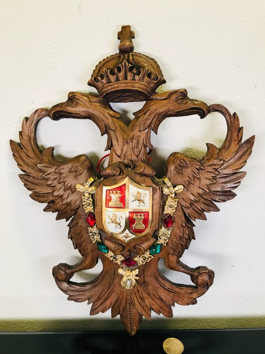 Armoiries héraldique antique avec couronné aigle à double tête-sculpté à la main - Bois, Cuivre