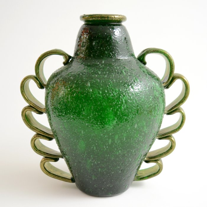 Napoleone Martinuzzi (nello stile di) - Vase mit Griffen - Pulegoso Glas und Blattgold