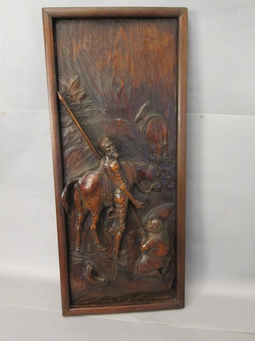 Large detailed wood carving panel Don Quixote & Sancho Panza (1) - Wood