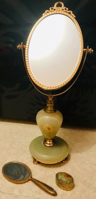 Onyx Art Deco Makeup Mirror Set - Art Deco - Brass, Glass, Onyx