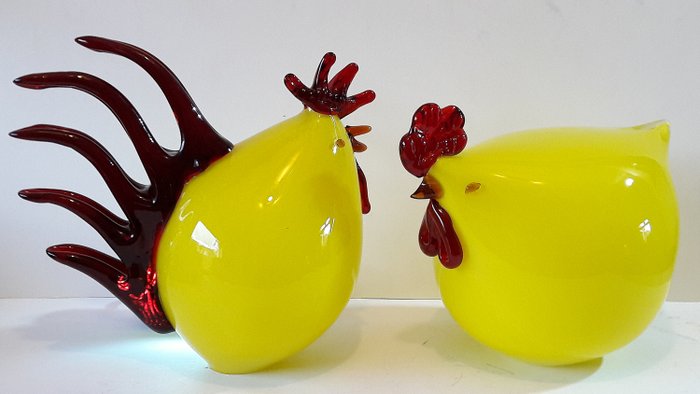 Easter decorations. Large glass Rooster and Hen. Chicken - Glass
