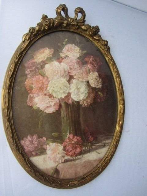 antique oval wooden painting photo frame with bow flowers image behind glass - Glass, Plaster, Wood