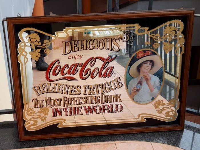 Coca Cola  - Lustro Coca Cola z ramą - Drewno, Szkło