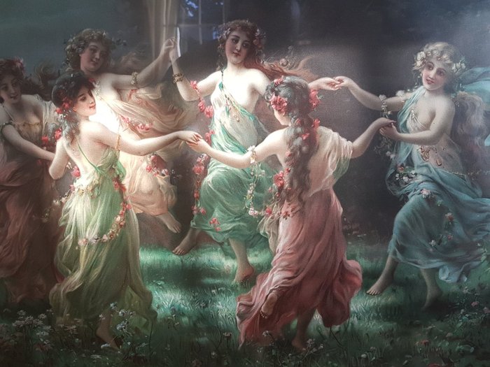 Hans Zatzka  (1859-1945)  - Fairy Dance Goddess Semi Nude Nymphs Group of Lovely Girls 1900s