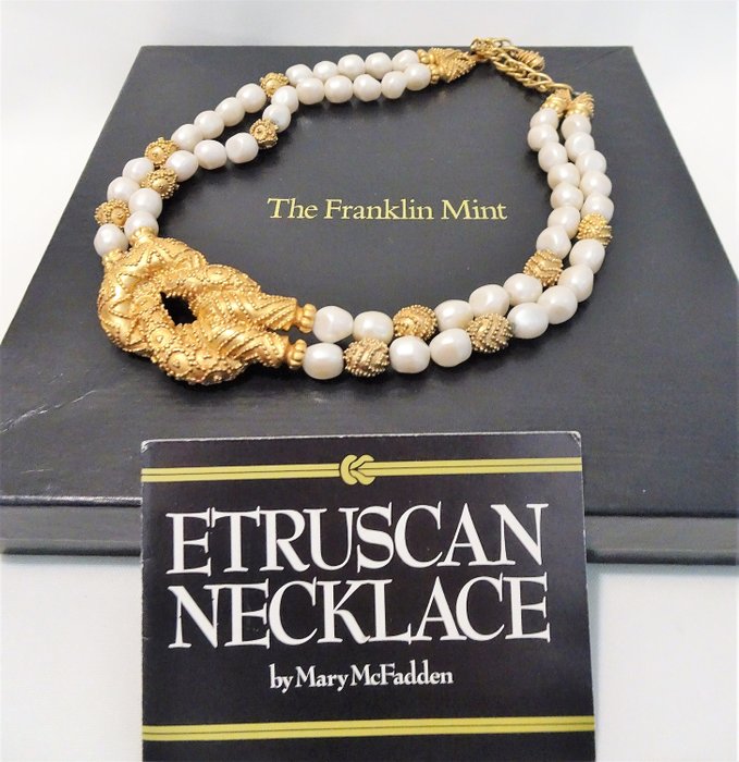 Mary McFadden for Franklin Mint - Etruscan Necklace  With certificate of Authenicity - 22 Kt. Gold Plate & Pearlecent Baroque Beads