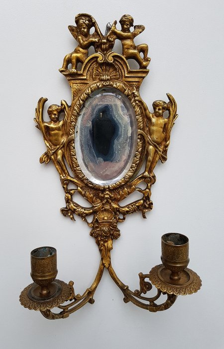 Oglinda de perete în stilul XV XVI cu suport pentru lumânări cu 2 lumini - Bronz (aurit), Sticlă - Late 19th century