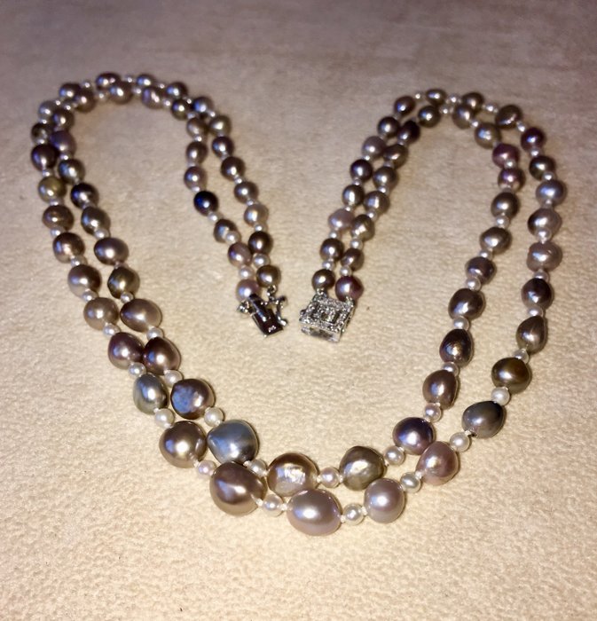 18 kt Naturperlen, Weißgold, Zertifizierte Naturperlen & Saatperlen - 2 Reihen - Halskette - Diamant