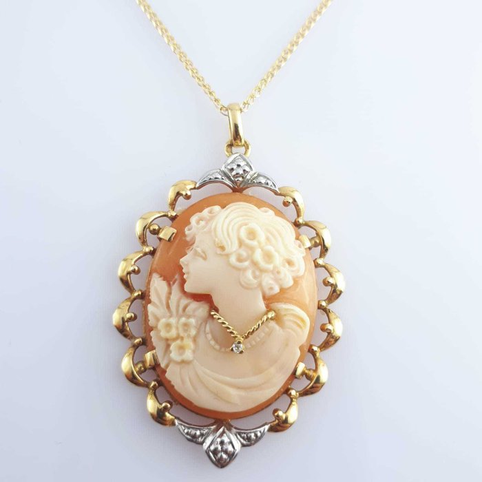 14 kt. White gold, Yellow gold - Chain & Vintage Cameo - Catawiki