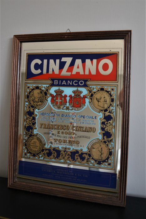 Cinzano Bianco - Werbespiegel + Tablett (2) - Glas, Holz