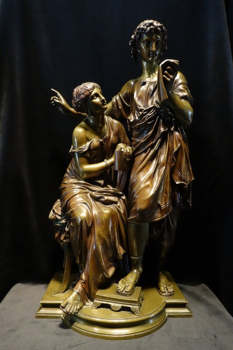 Henry Etienne Dumaige (1830-1888) - a reading couple , Escultura (1) - Neoclásico - Bronce patinado - Mediados del siglo XIX