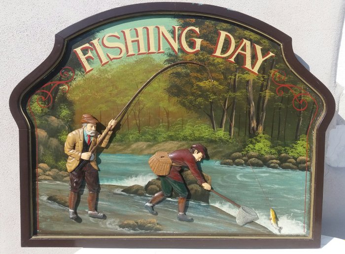 Intérior Création originale country corner - Grand Tableau "Fishing Day"en relief - Madera