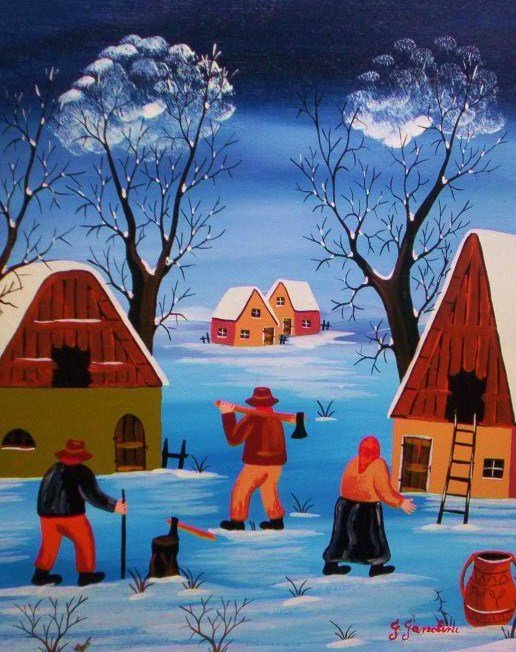Giacomo Gandini-1931-1997 - winter in Italië-naïeve kunst