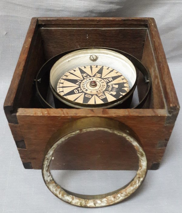 Antik tør kompas - Glas, Messing, Træ - Første halvdel af det 19. århundrede