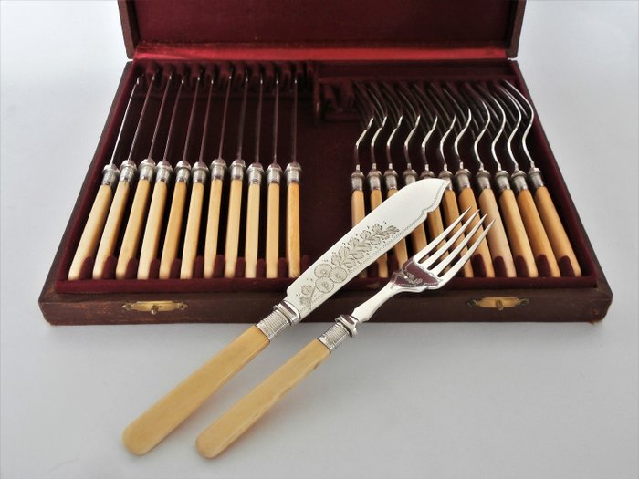 Fish cutlery 24-piece (12 person) set with silver neck in case - .925 silver, and silver plated, simulated ivory - 1905