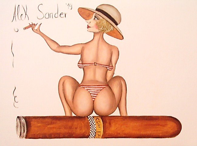 Alek Sander - Madame Cohiba mit Hut und Bikini auf einer Zigarre Pin up Original