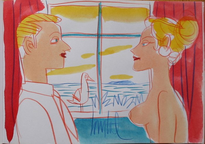 Loustal - Illustration à la gouache et au pastel dédicace non nominative - Les amours insolentes (2010)