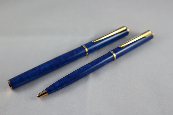 Waterman - ballpoint pen and fountain pen set blue marble laque exclusive set in original box - Set of 2
