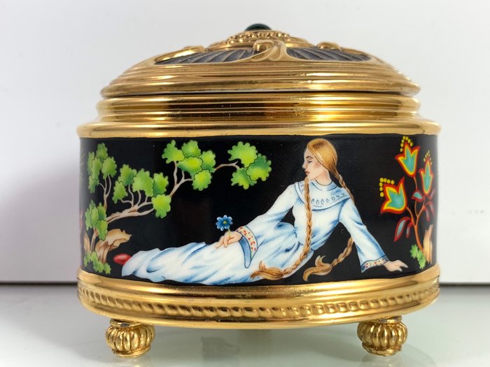 Franklin Mint, House of Faberge  - Imperial Music box Collection „The Stone Hower“ - .999 (24 kt) gold, Gem on the top, Porcelain
