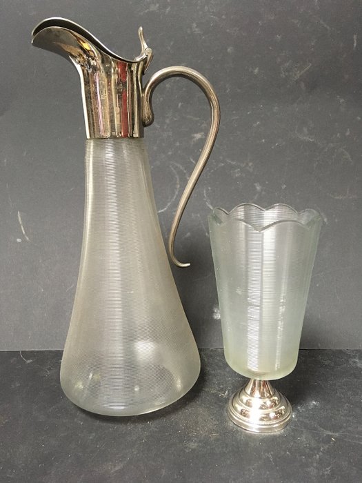 Decanter e vaso in vetro filo frisone - vetro e nichel e argento placcato