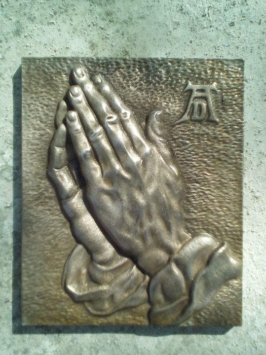  D apres  Albrecht Dürer - Alte Bronzetafel "Die Hände, die beten" - Bronze mit religiösem Wachs