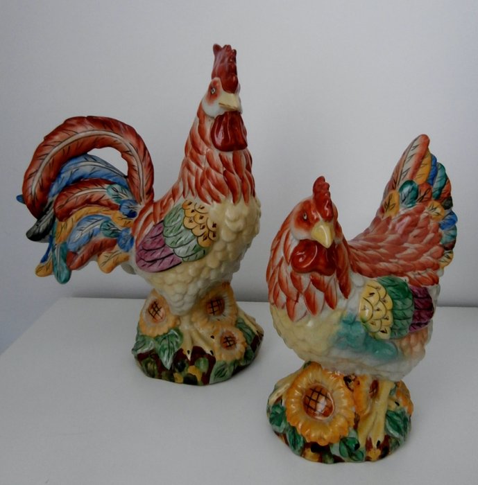 Buntes Huhn und Hahn mit Sonnenblumen (2) - Keramik