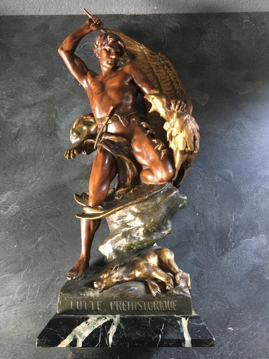 Emile Louis Picault (1833-1915) - "Prähistorischer Kampf", Skulptur - Rohzink - Anfang des 20. Jahrhunderts