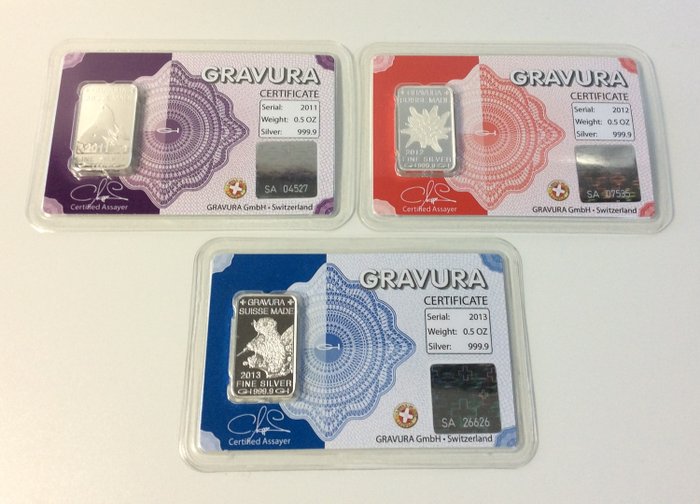 3 x 1/2 troy ounce - Silber .999 - Gravura - 2011 - 2012 -2013 - Seal + Zertifikat