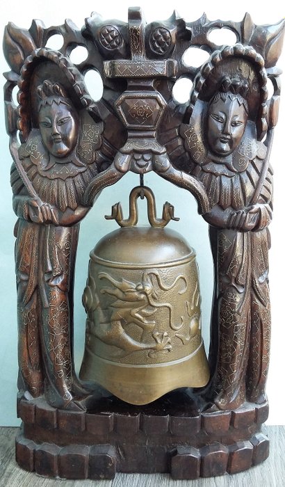 Large Buddhist Temple gong - bell - holder - (2) - Coromandel wood - bronze - Tibet - Late 20th century