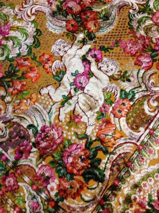 罕見的威尼斯錦緞天鵝絨床罩，配有天使和玫瑰 - 新藝術風格 - 絲質棉質混紡天鵝絨