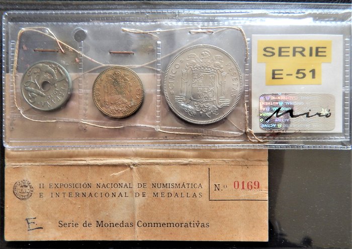Spain - 50 Céntimos, 1 & 5 Pesetas - Estado Español 1951 - Serie E-51 - II Exposición Nacional de Numismática - Muy rara - Certificada Miró