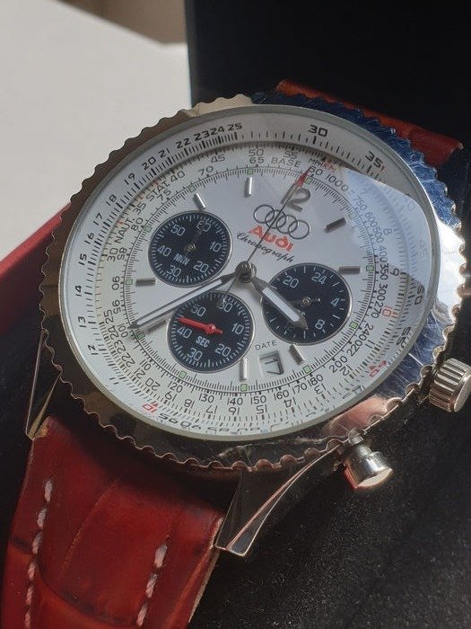 Audi wristwatch three-hand watch with leather strap, watch