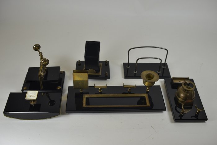 Art Deco Desk Set Of Black Glass And, Art Deco Desk Set Metal