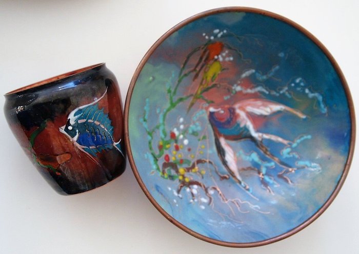 Sagitta Holland - 搪瓷銅碗和花瓶'Exclusief Hollands Handwerk' (2) - 瑪瑙, 銅