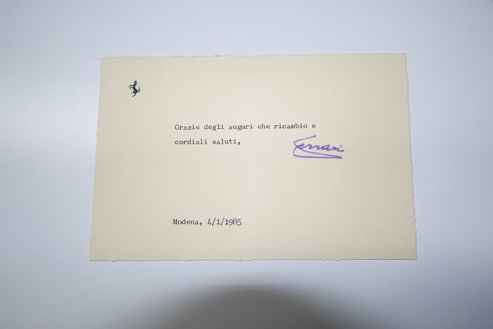 Biglietto di ringraziamento autografo Enzo Ferrari - Ferrari - 1985