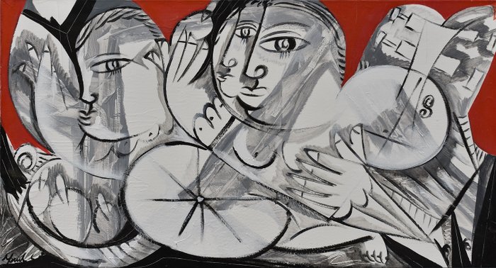 Menelaw Sete (1964) - Abstract gezichten, zwart/wit/grijs/rood