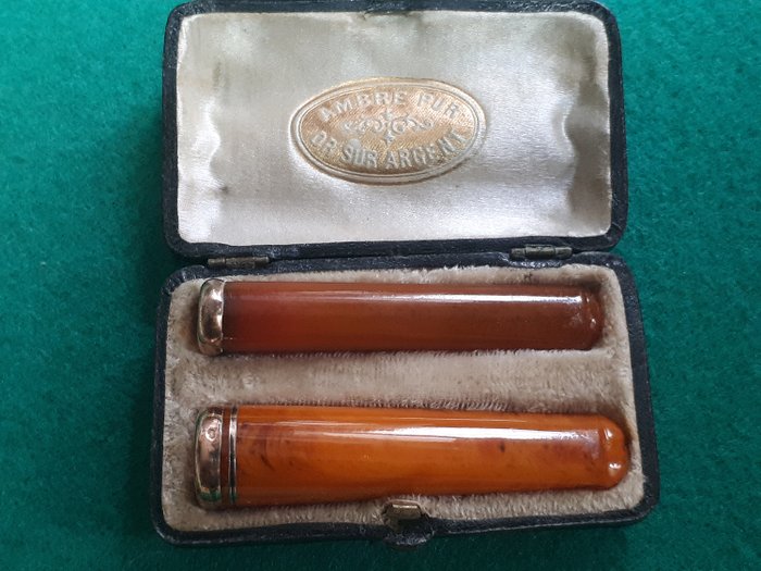 Ambre pur-or sur argent - Cigar holder, gold-headed cigarette holder (3) - Art Deco - .750 (18 kt) gold, .916 (22 kt) gold, Amber