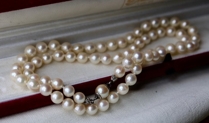 925 Akoya pearls, Art-Deco με κούμπωμα "JKA", Ασημί - Κολιέ Μαργαριτάρι