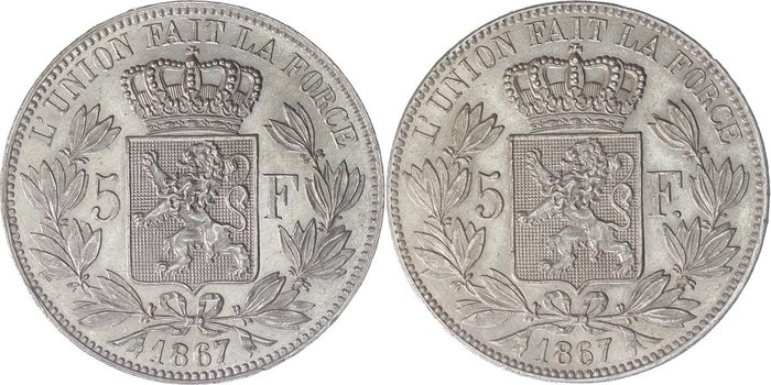 België - 5 Francs 1867 (met en zonder punt achter F) Leopold II - Zilver