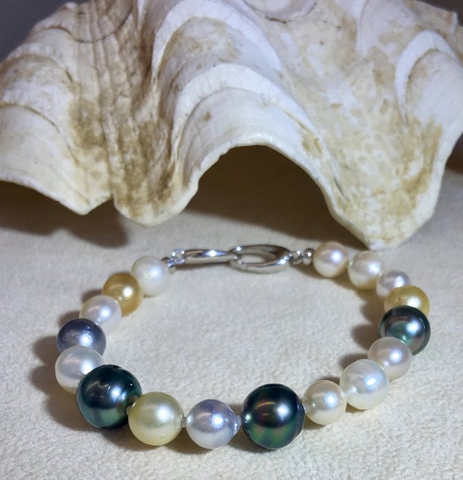 925 Goldene Südseeperlen, Mehrfarbige Tahiti-Perlen, Silber, Südseeperlen - Armband