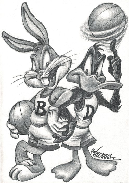 Bugs Bunny and Daffy Duck - Basketball Players Looney Tunes - Original Drawing - Joan Vizcarra - Irrallinen sivu - Lyijy kynä Art